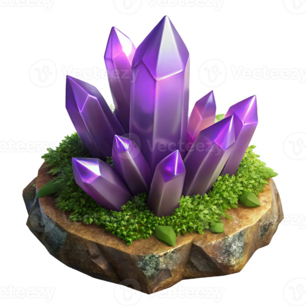 wonderful traditional A cluster of amethyst crystals growing on a mossy log, soft diffuse lighting, macro photography, ethereal, fantasy premium png