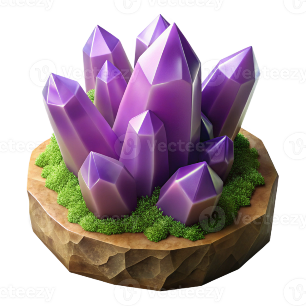 extraordinary modern A cluster of amethyst crystals growing on a mossy log, soft diffuse lighting, macro photography, ethereal, fantasy premium png