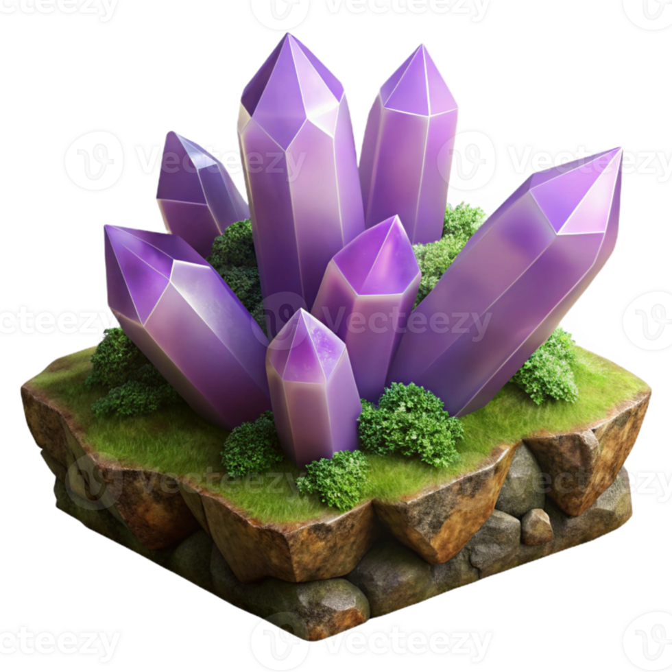 impressive modern A cluster of amethyst crystals growing on a mossy log, soft diffuse lighting, macro photography, ethereal, fantasy original png