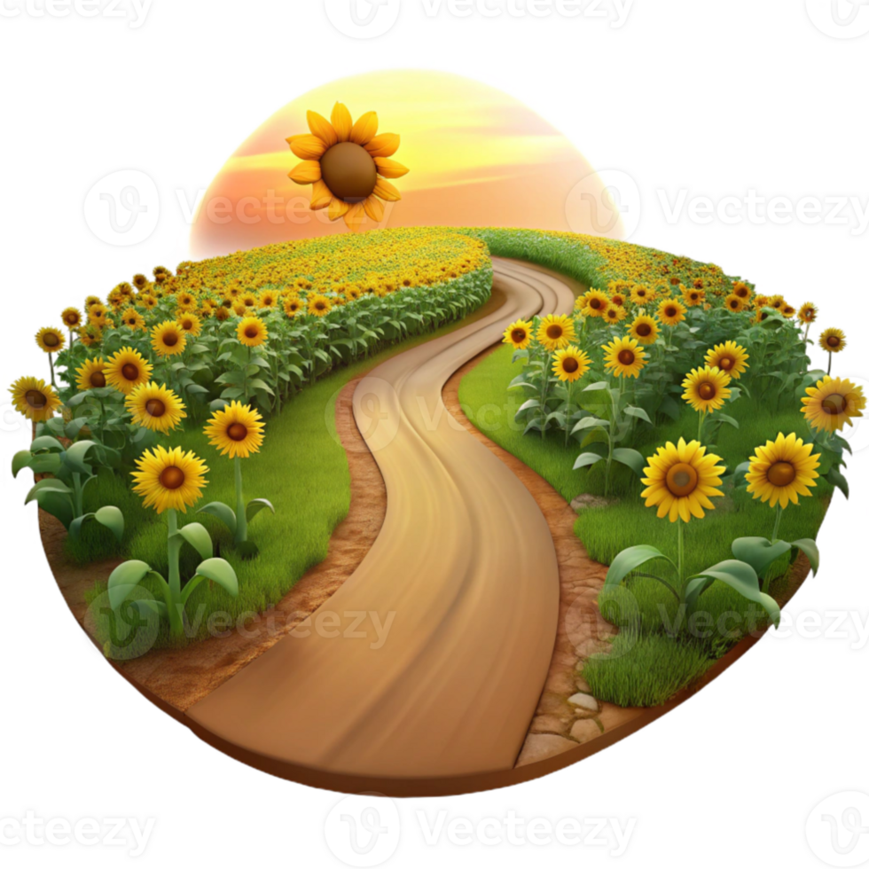 impressive traditional A winding dirt road through a field of sunflowers at dawn, warm golden light, painterly style, visible brushstrokes exclusive png