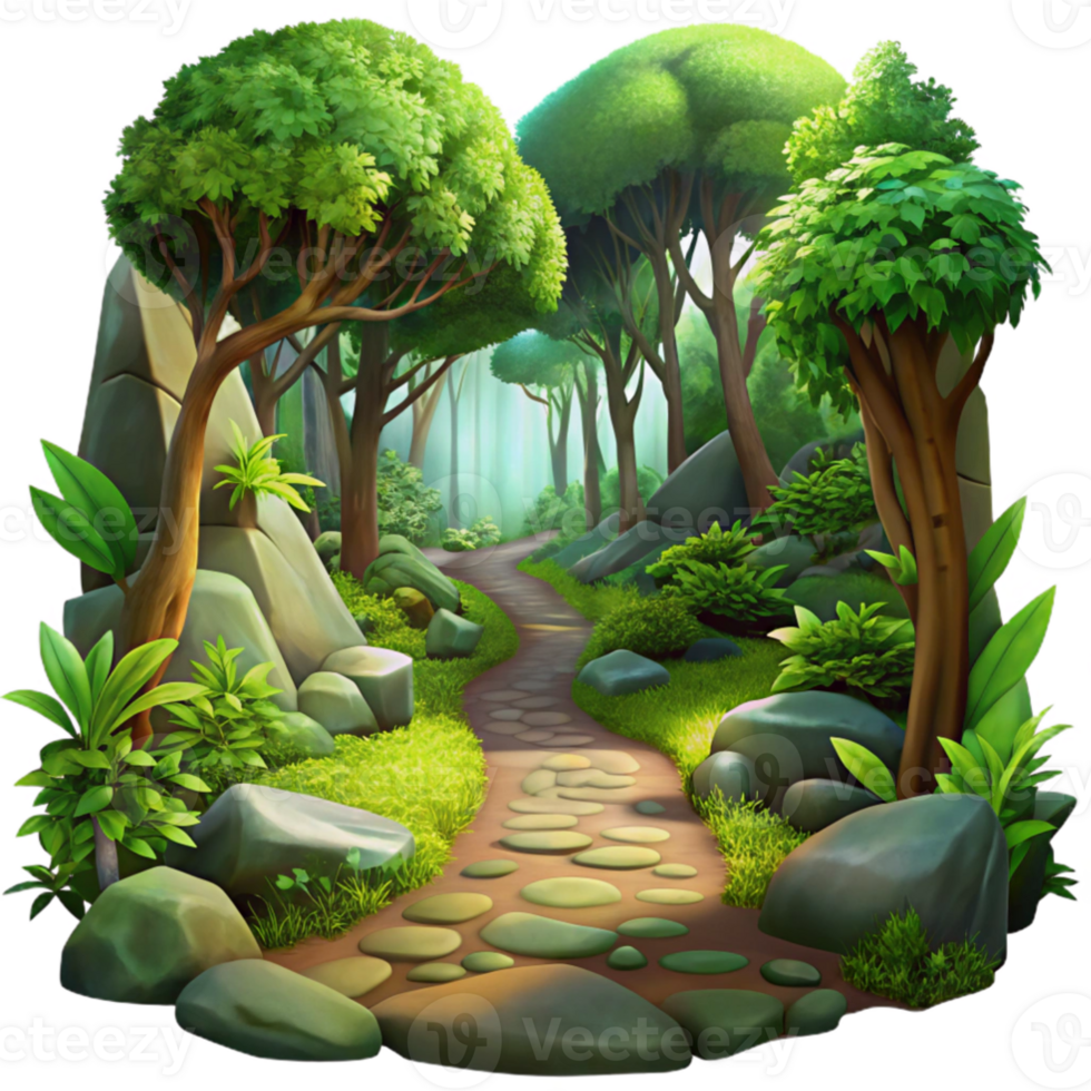 serene modern A lush, overgrown forest path, dappled sunlight through thick canopy, vibrant greens, moss covered rocks, Impressionist style detailed png