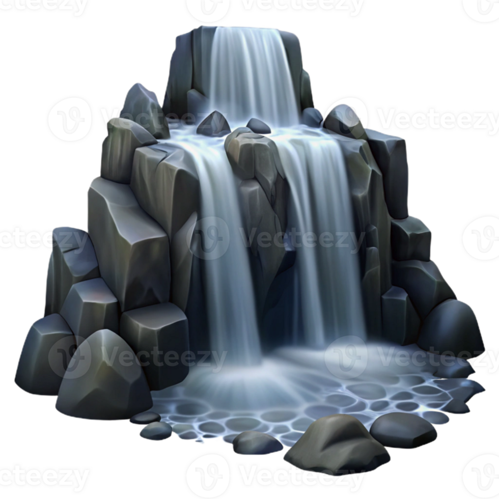 stunning contemporary A cascading waterfall flowing over smooth, black rocks, long exposure, misty atmosphere, ethereal high quality png
