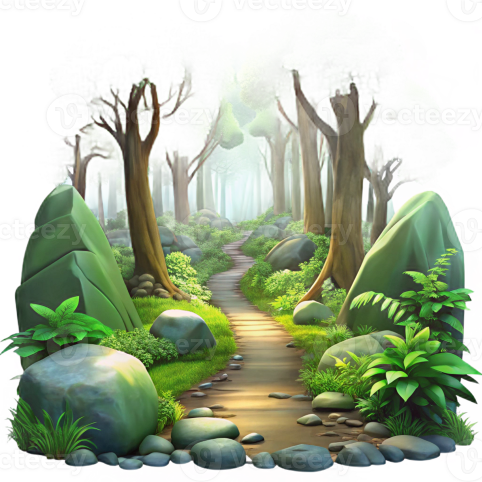 beautiful modern A lush, overgrown forest path, dappled sunlight through thick canopy, vibrant greens, moss covered rocks, Impressionist style high resolution png