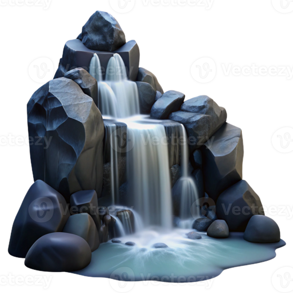 beautiful contemporary A cascading waterfall flowing over smooth, black rocks, long exposure, misty atmosphere, ethereal detailed png