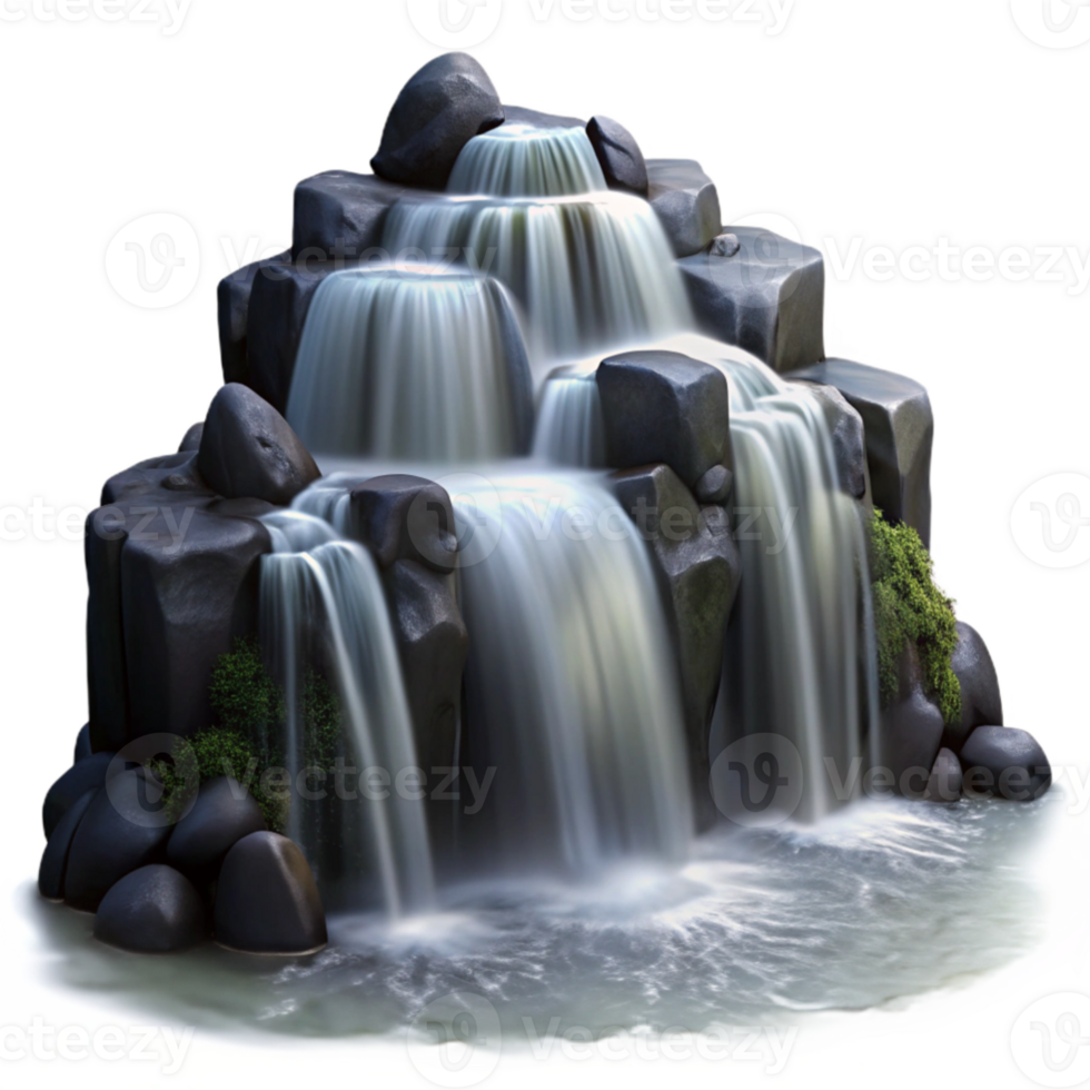 magnificent artistic A cascading waterfall flowing over smooth, black rocks, long exposure, misty atmosphere, ethereal genuine png
