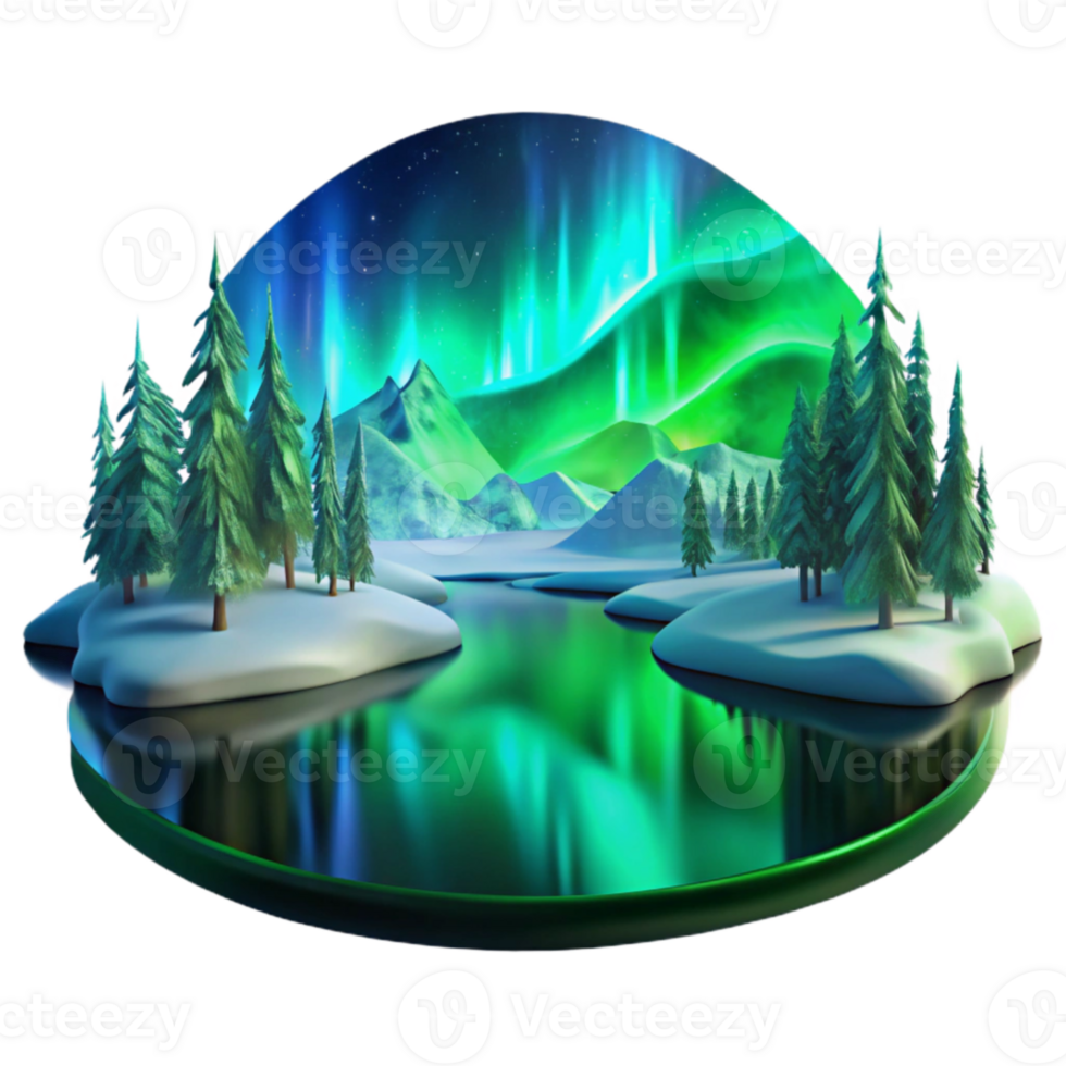 beautiful classic A frozen lake reflecting the Northern Lights, vibrant greens and blues, ethereal, serene, long exposure professional png