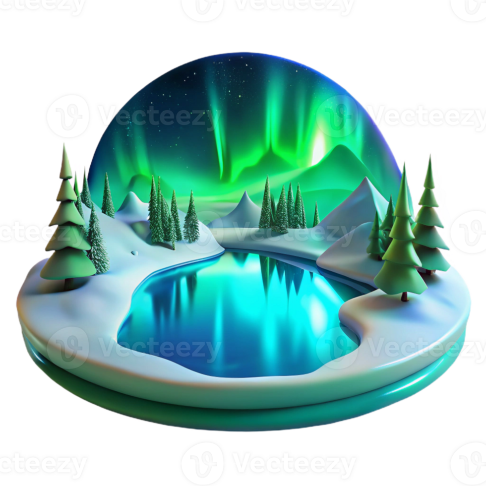 beautiful contemporary A frozen lake reflecting the Northern Lights, vibrant greens and blues, ethereal, serene, long exposure high resolution png