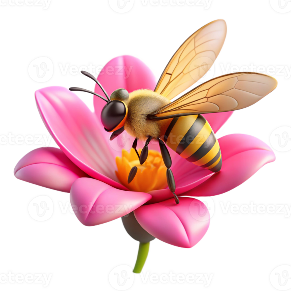 dramatic contemporary A close up of a bee collecting pollen from a bright pink flower, macro photography, sharp focus, natural light authentic png