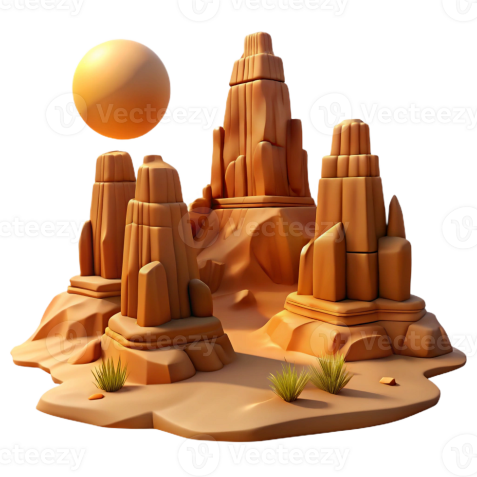 wonderful creative A desert landscape with towering sandstone formations, harsh midday sun, warm colors, photorealistic detailed png