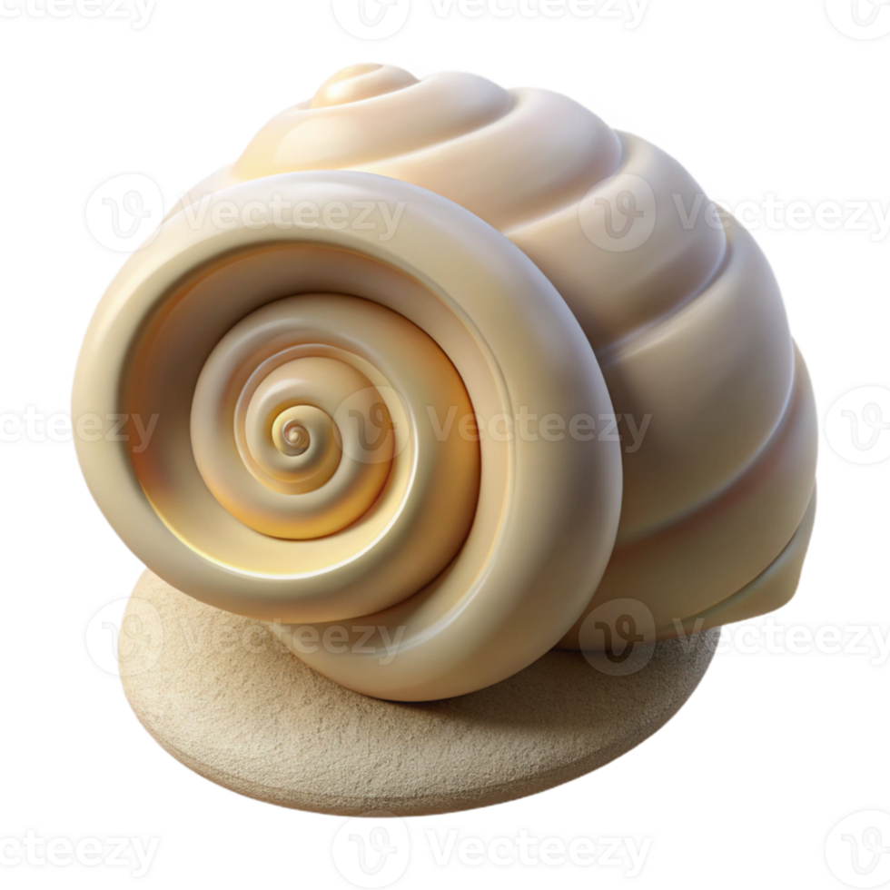 serene contemporary A spiral shell lying on white sand, soft natural light, hyperrealistic, detailed textures premium png