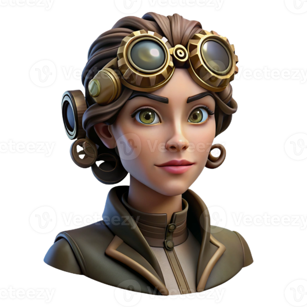 stunning classic A portrait of a steampunk woman with intricate clockwork goggles and elaborate gears woven into her hair, lit by a dramatic chiaroscuro lighting exclusive png