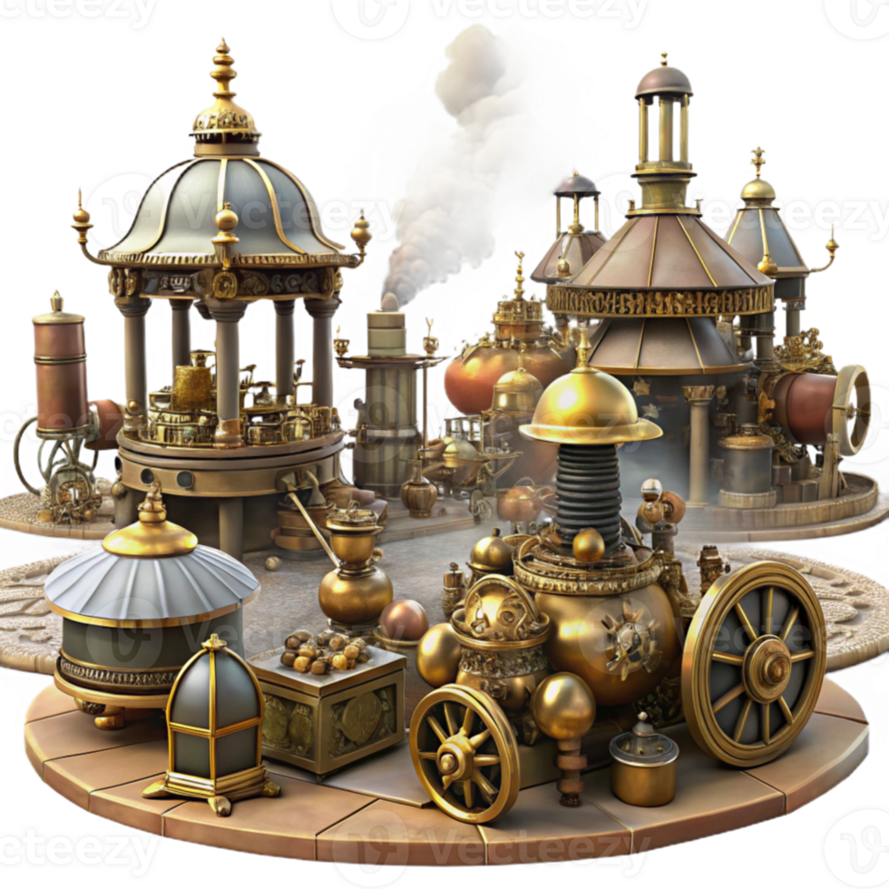 elegant vintage A bustling steampunk marketplace, filled with brass and copper automatons, intricate gadgets, and cogwheel driven vehicles, under a hazy, smog filled sky detailed png