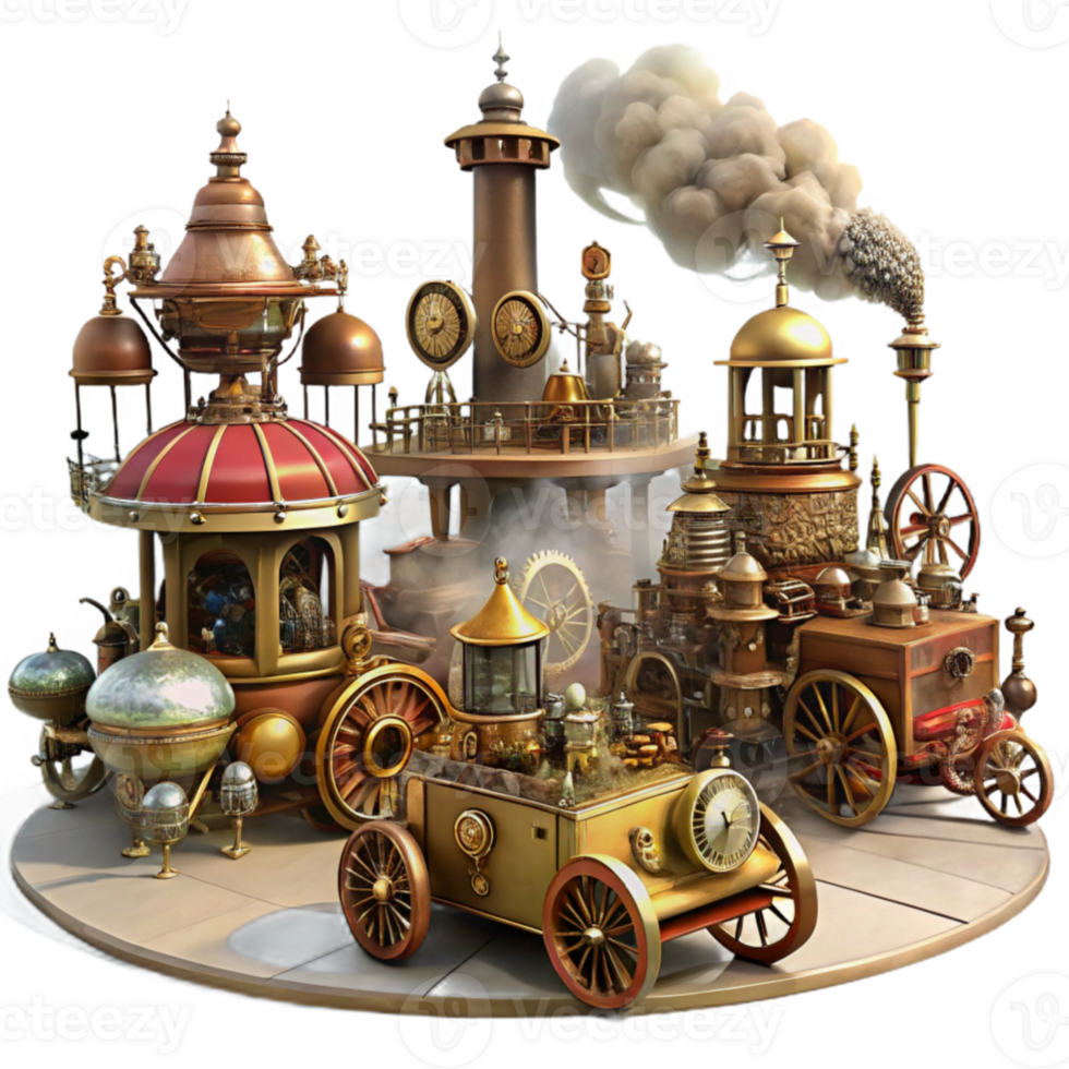 serene creative A bustling steampunk marketplace, filled with brass and copper automatons, intricate gadgets, and cogwheel driven vehicles, under a hazy, smog filled sky genuine png