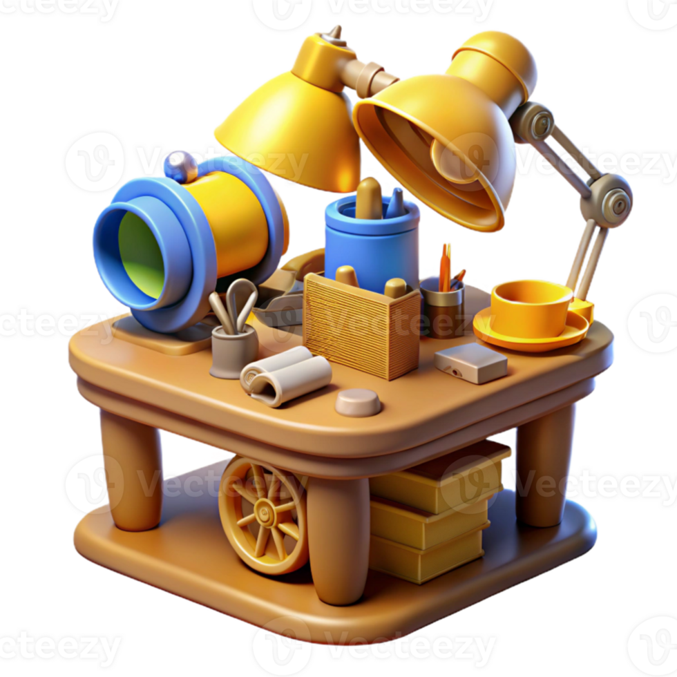 vibrant creative A cluttered steampunk desk, overflowing with blueprints, gears, tools, and gadgets, lit by a warm, yellow desk lamp original png