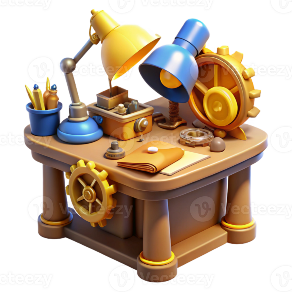 impressive modern A cluttered steampunk desk, overflowing with blueprints, gears, tools, and gadgets, lit by a warm, yellow desk lamp authentic png