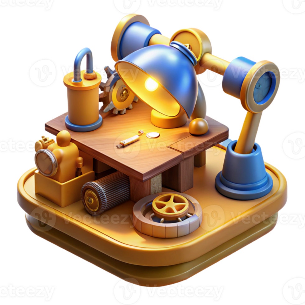beautiful rustic A cluttered steampunk desk, overflowing with blueprints, gears, tools, and gadgets, lit by a warm, yellow desk lamp authentic png