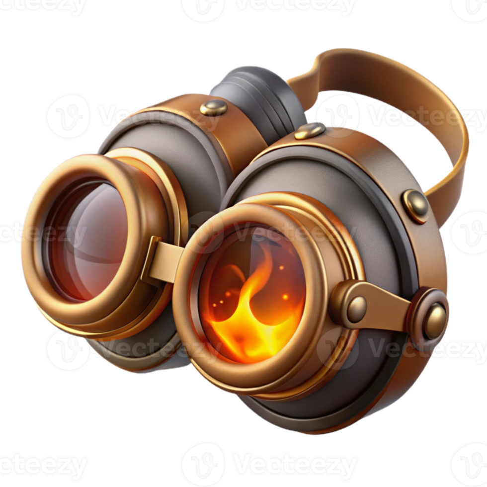 impressive abstract A pair of steampunk goggles, intricate brass and leather, lenses reflecting a fiery explosion, illuminated by the orange glow of the flames 4K png