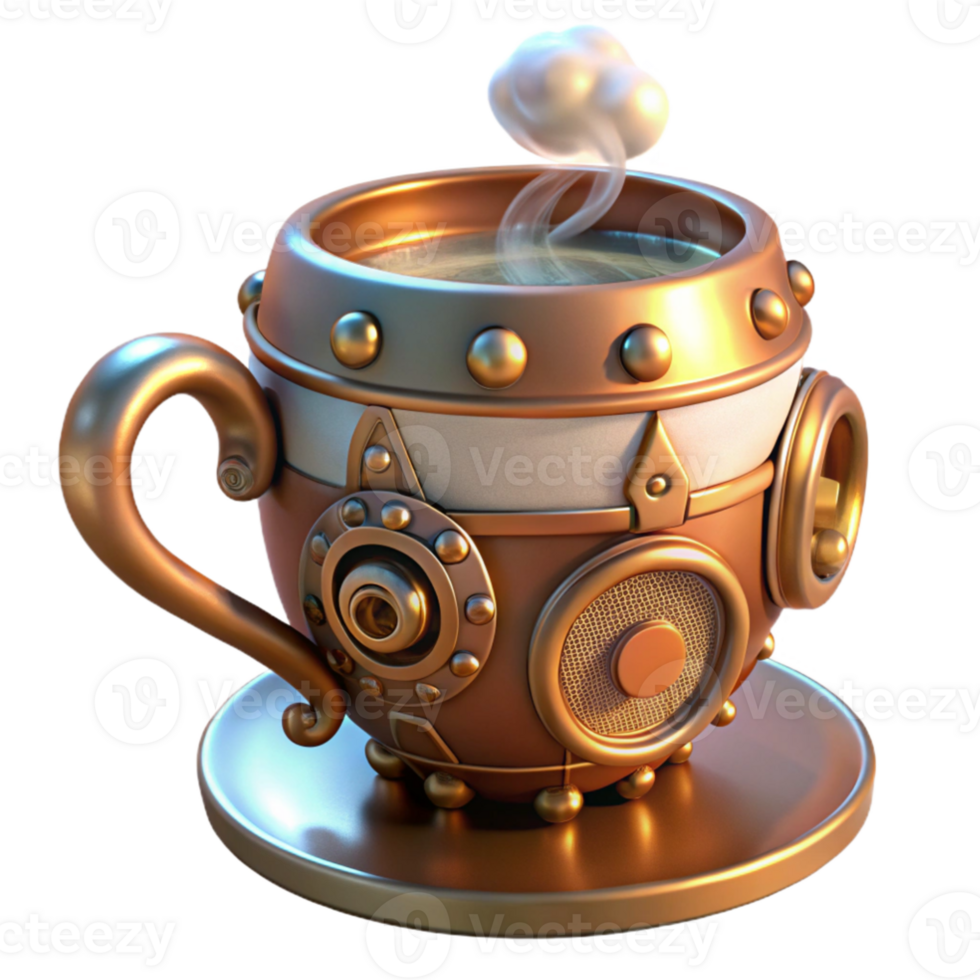magnificent creative A steampunk teacup, delicate porcelain with brass and copper accents, steam rising, illuminated by a warm, afternoon sunlight high resolution png