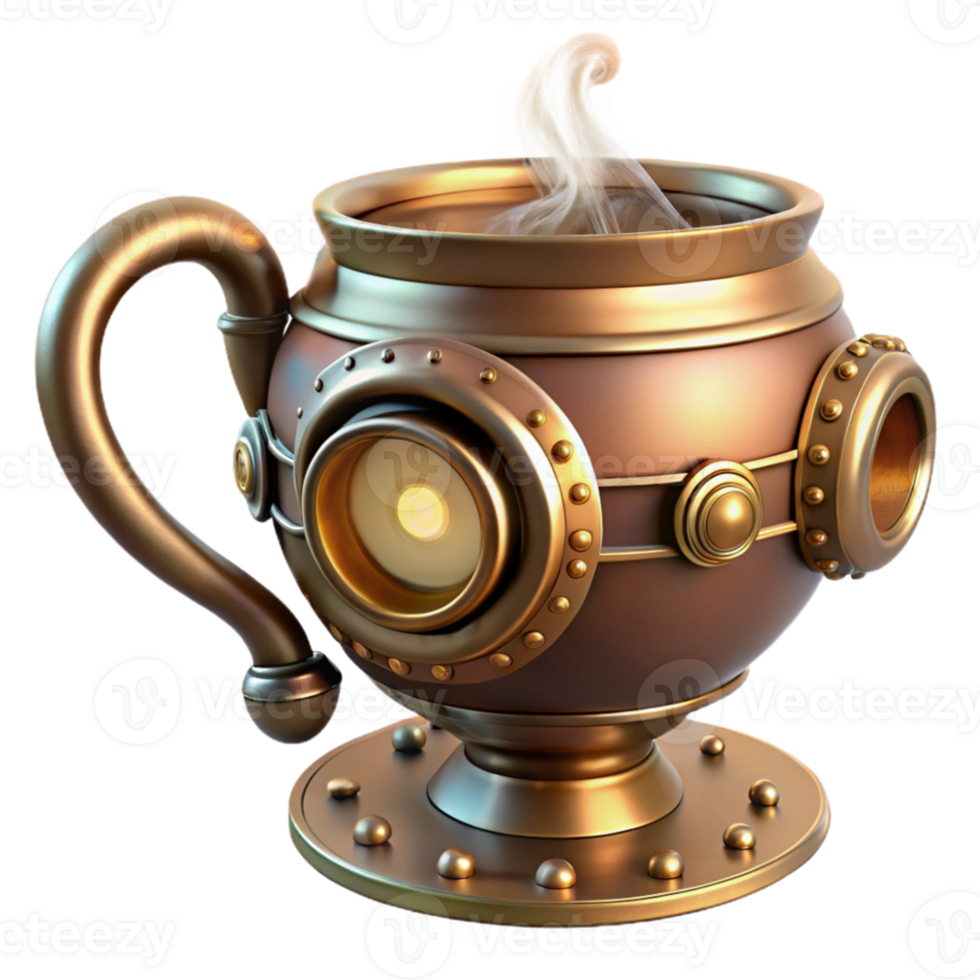 magnificent abstract A steampunk teacup, delicate porcelain with brass and copper accents, steam rising, illuminated by a warm, afternoon sunlight 4K png