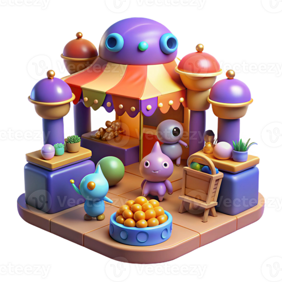 impressive minimalist A vibrant, alien marketplace filled with bizarre creatures and glowing stalls, bustling with activity. Warm, inviting lighting. Cartoon style authentic png
