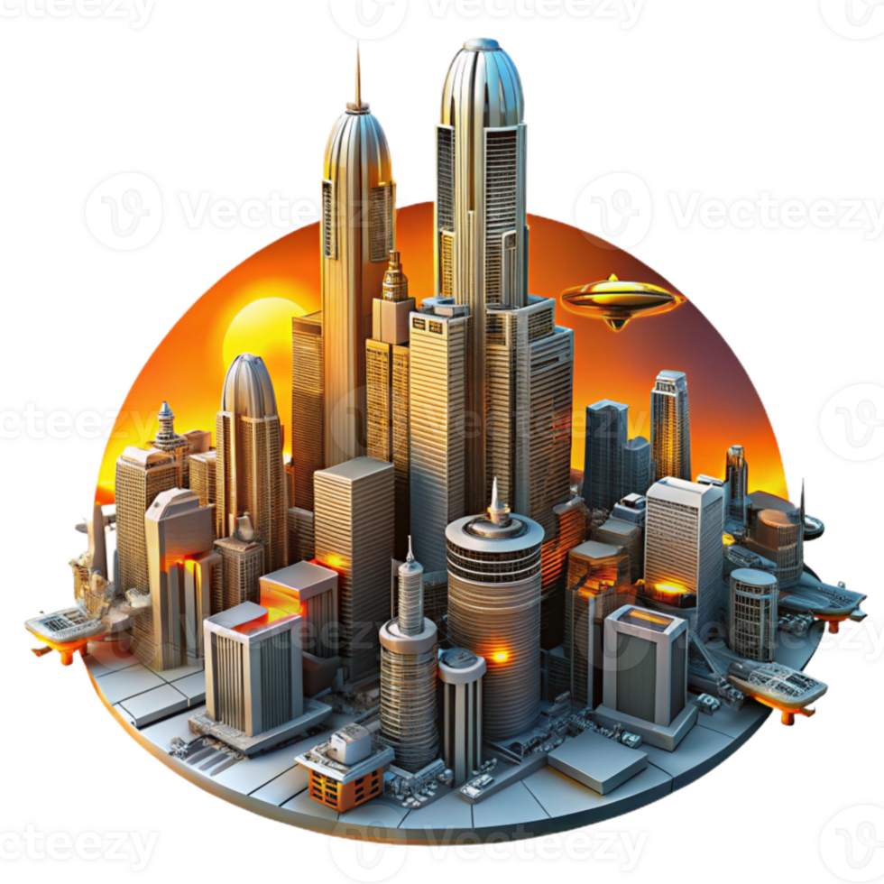 serene abstract A towering, chrome metropolis, its skyscrapers piercing the clouds of a toxic orange sky, flying vehicles weaving between the buildings. Harsh, neon lighting. Cyberpunk style authentic png