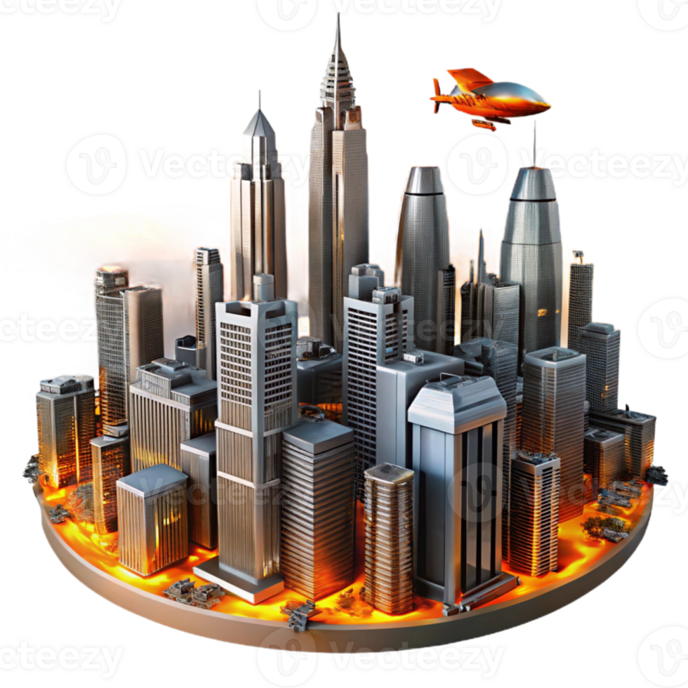 extraordinary artistic A towering, chrome metropolis, its skyscrapers piercing the clouds of a toxic orange sky, flying vehicles weaving between the buildings. Harsh, neon lighting.... png