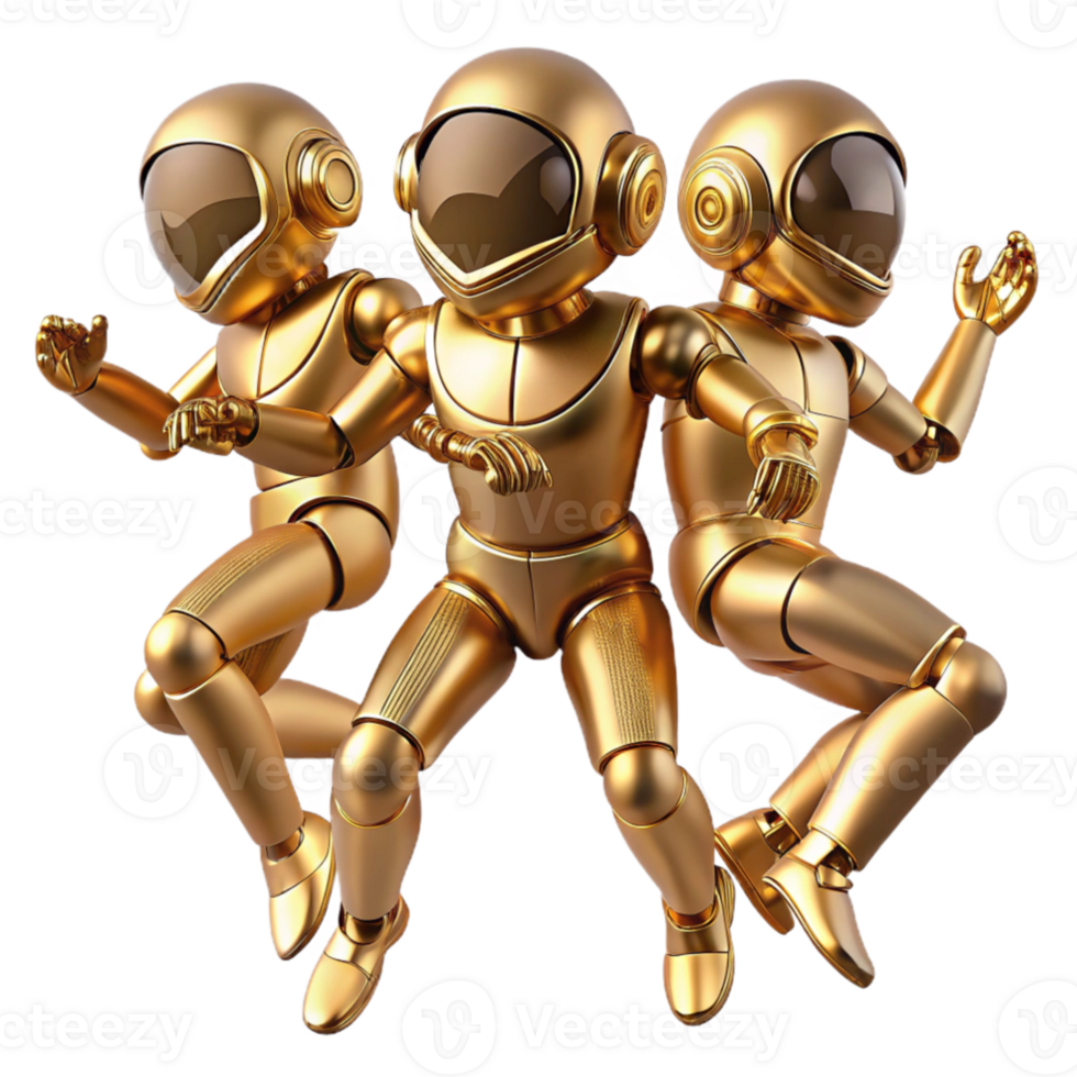 beautiful modern A group of humanoid robots, with polished brass bodies, performing a synchronized dance in a zero gravity environment. Soft, ambient lighting. Steampunk style exclusive png