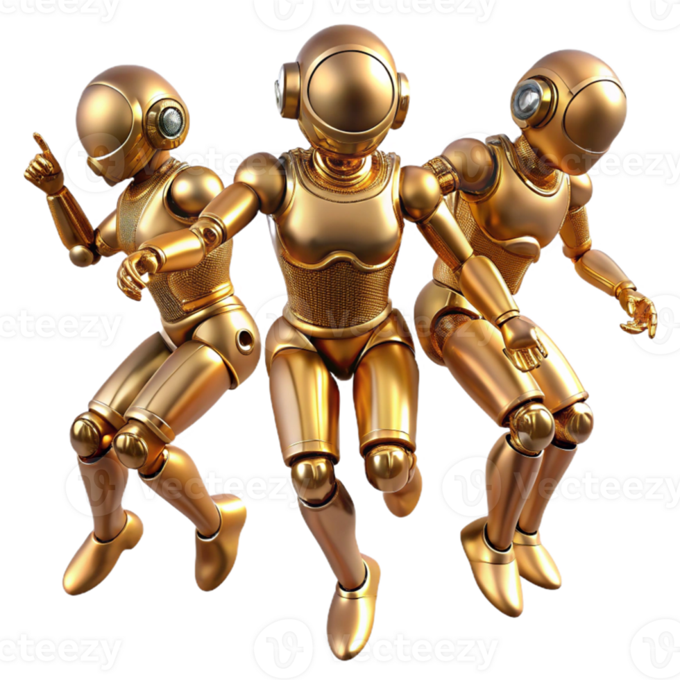 extraordinary abstract A group of humanoid robots, with polished brass bodies, performing a synchronized dance in a zero gravity environment. Soft, ambient lighting. Steampunk style 4K png