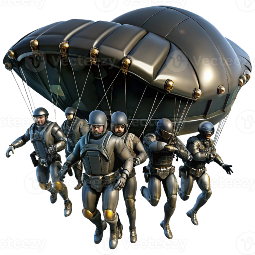 extraordinary traditional A group of futuristic soldiers, in sleek black armor, rappelling down from a hovering dropship. Dark, tactical lighting. Military sci fi style professional png