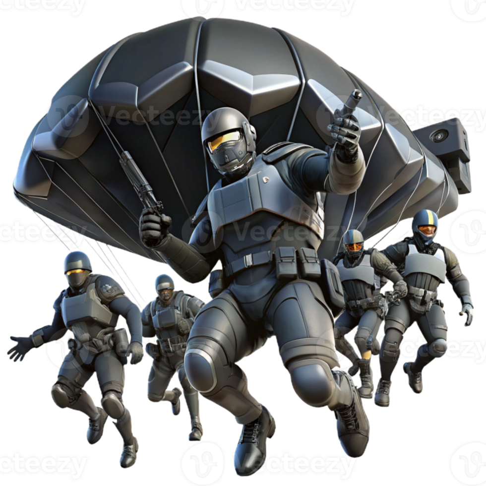 serene classic A group of futuristic soldiers, in sleek black armor, rappelling down from a hovering dropship. Dark, tactical lighting. Military sci fi style original png