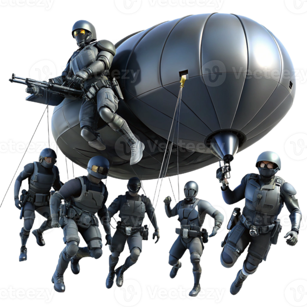 magnificent minimalist A group of futuristic soldiers, in sleek black armor, rappelling down from a hovering dropship. Dark, tactical lighting. Military sci fi style 4K png
