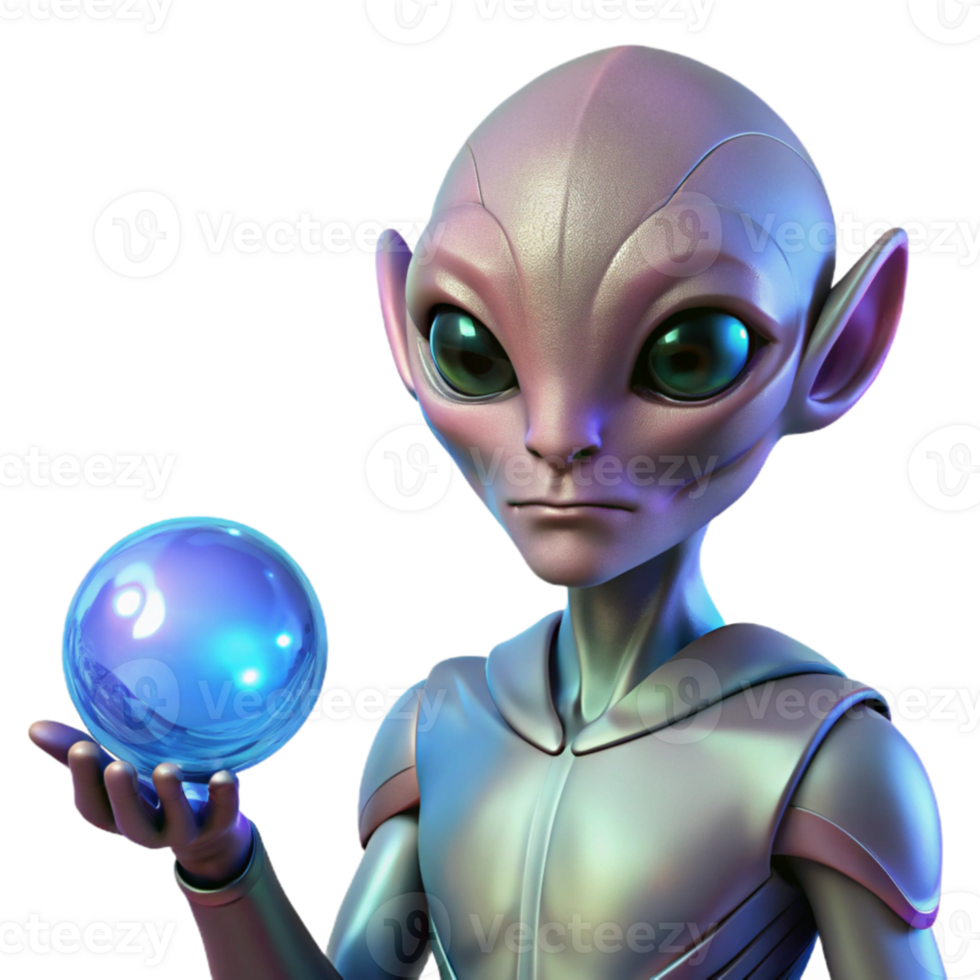 impressive rustic A beautiful, humanoid alien with iridescent skin and large, expressive eyes, holding a glowing orb. Soft, magical lighting. Fantasy sci fi style professional png