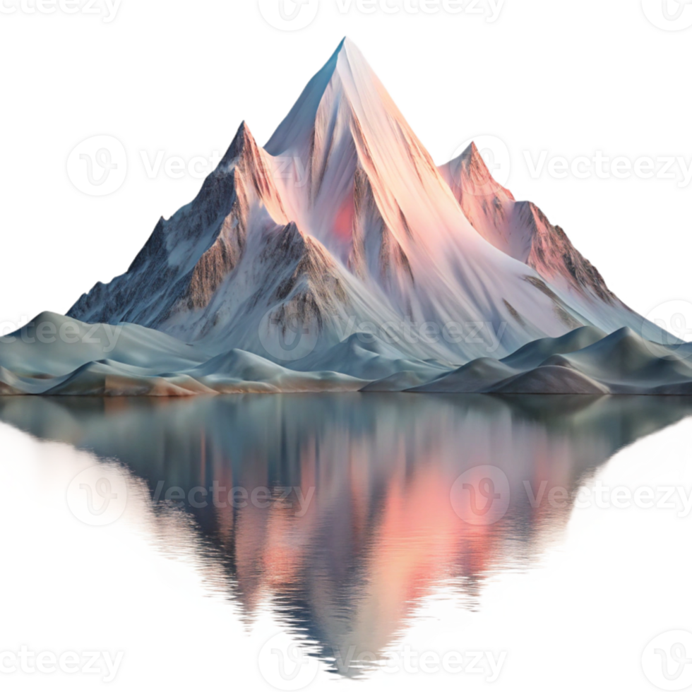 impressive abstract A majestic snow capped mountain peak reflected in a crystal clear alpine lake at dawn, with pastel hues and a touch of mist. Photorealistic, widescreen authentic png
