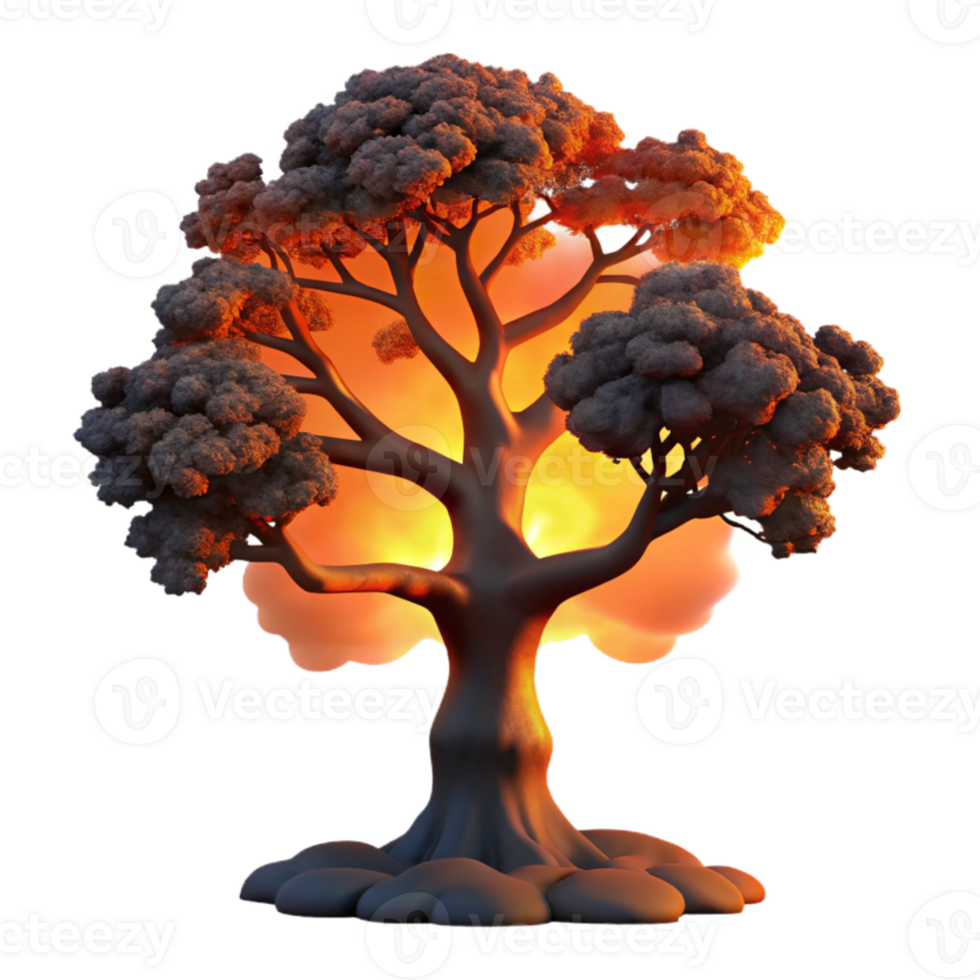 elegant contemporary A lone, gnarled oak tree silhouetted against a fiery sunset, with dramatic lighting and a sense of solitude. Photorealistic, dark fantasy premium png