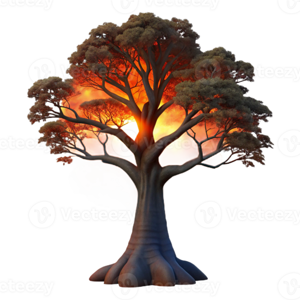 stunning creative A lone, gnarled oak tree silhouetted against a fiery sunset, with dramatic lighting and a sense of solitude. Photorealistic, dark fantasy detailed png
