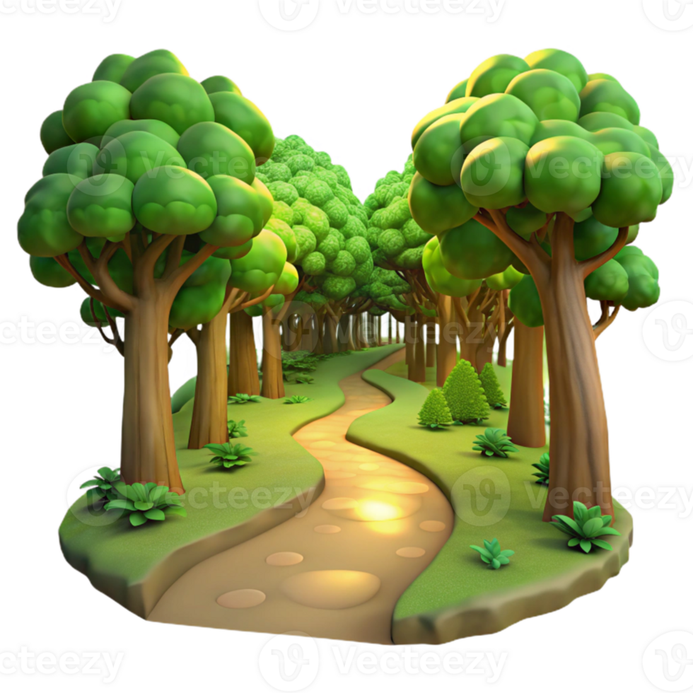 vibrant traditional A winding dirt path through a lush, green forest canopy, dappled with golden sunlight filtering through the leaves. Impressionist painting style original png