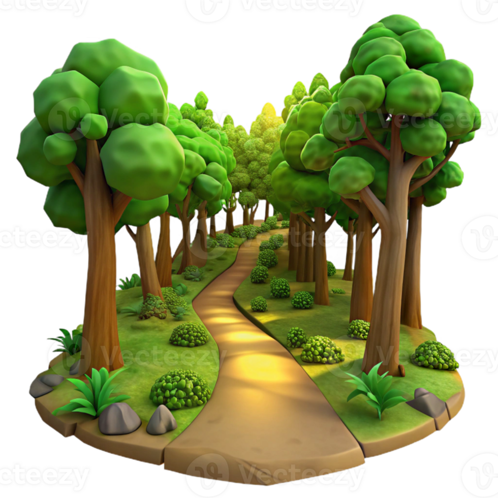 impressive minimalist A winding dirt path through a lush, green forest canopy, dappled with golden sunlight filtering through the leaves. Impressionist painting style high quality png