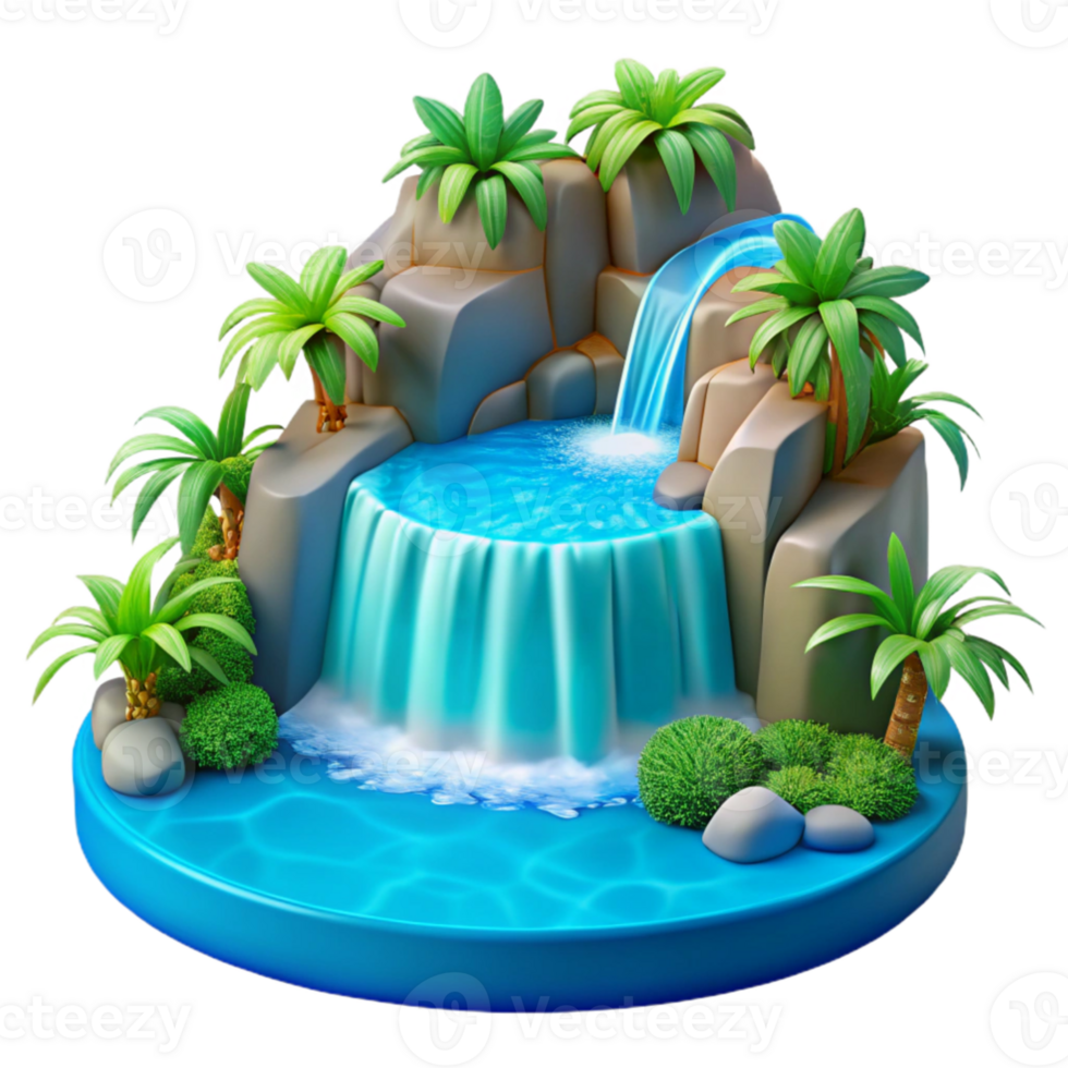 magnificent traditional A cascading waterfall plunging into a turquoise pool, surrounded by lush tropical vegetation. Photorealistic, vibrant colors authentic png