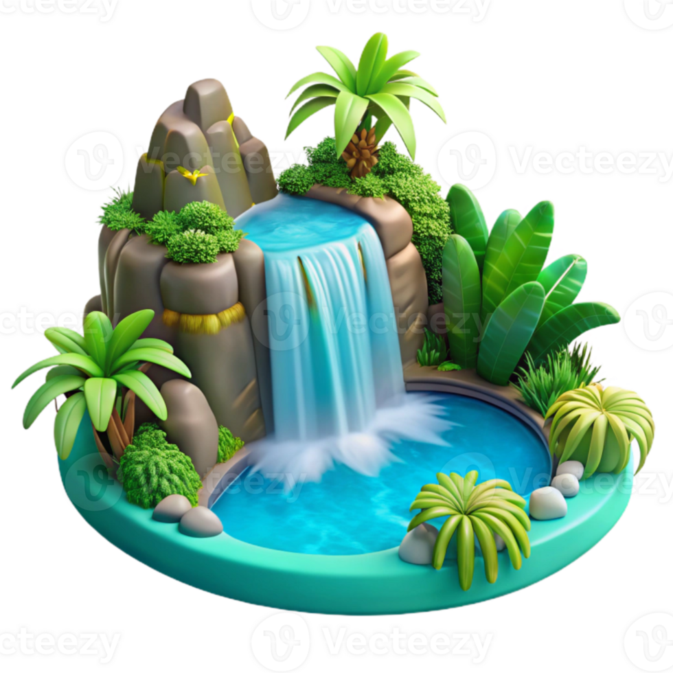 elegant rustic A cascading waterfall plunging into a turquoise pool, surrounded by lush tropical vegetation. Photorealistic, vibrant colors professional png