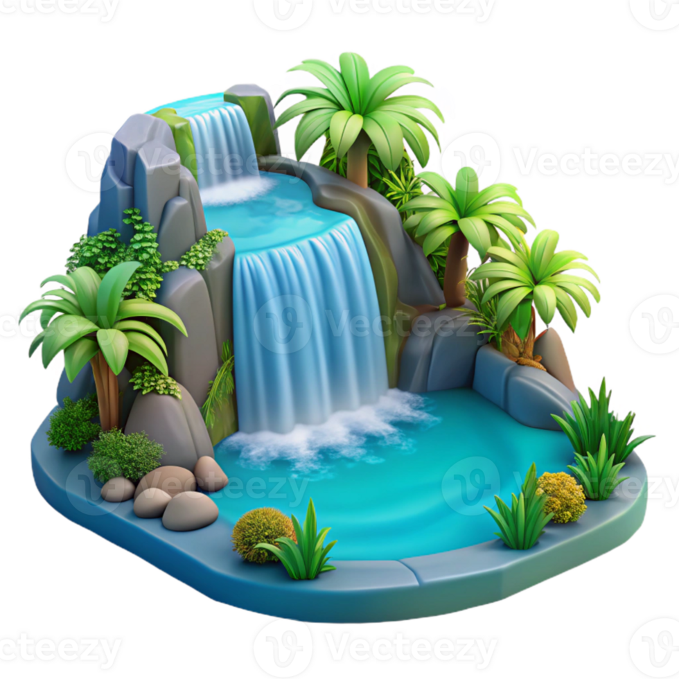 magnificent creative A cascading waterfall plunging into a turquoise pool, surrounded by lush tropical vegetation. Photorealistic, vibrant colors high quality png