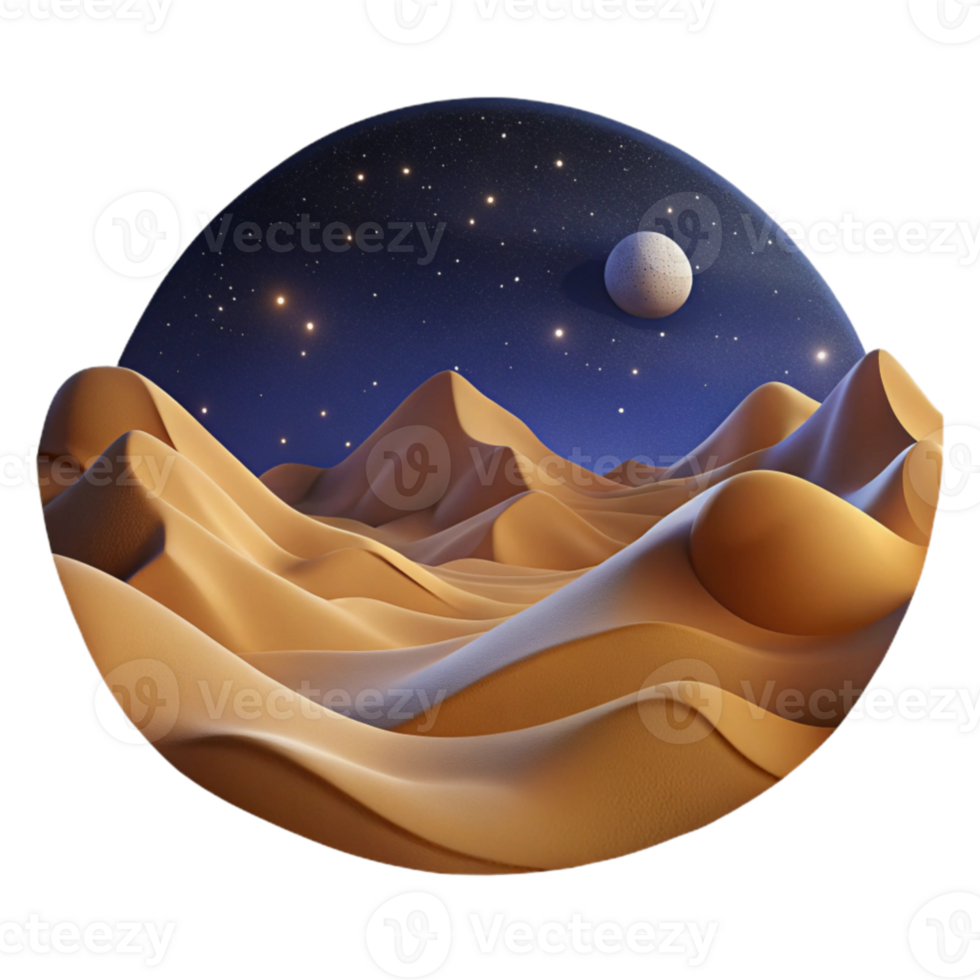 elegant rustic A vast desert landscape with towering sand dunes under a starry night sky, illuminated by the moonlight. Photorealistic, cinematic high resolution png