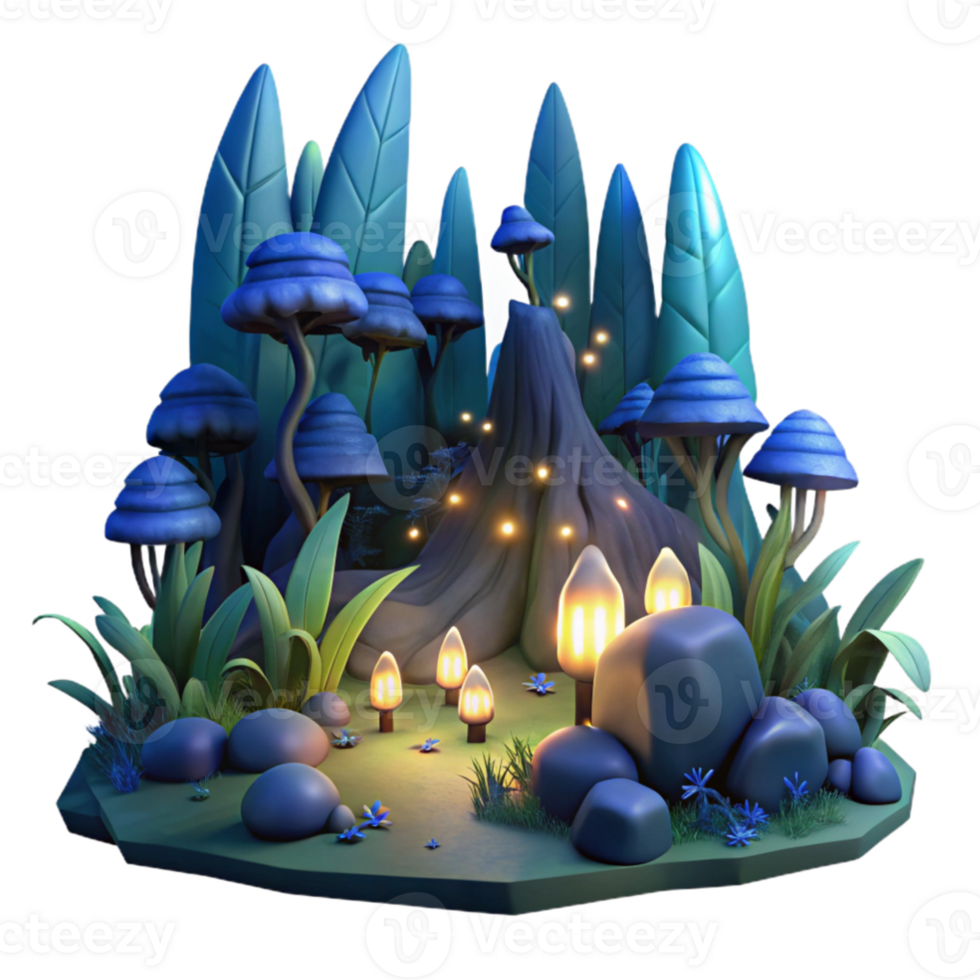 serene creative A group of fireflies illuminating a dark forest at night, with bioluminescent light and a magical atmosphere. Fantasy art, ethereal 4K png