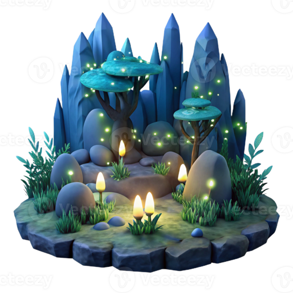 beautiful contemporary A group of fireflies illuminating a dark forest at night, with bioluminescent light and a magical atmosphere. Fantasy art, ethereal professional png