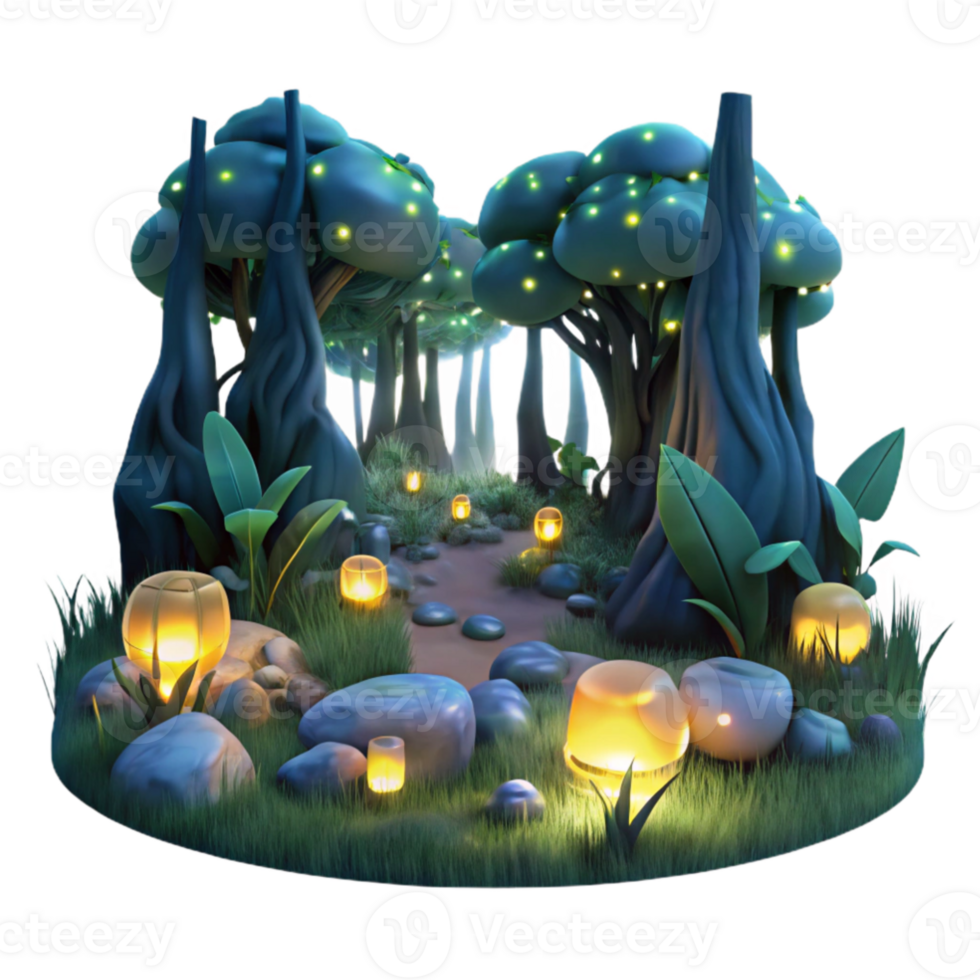 elegant creative A group of fireflies illuminating a dark forest at night, with bioluminescent light and a magical atmosphere. Fantasy art, ethereal original png