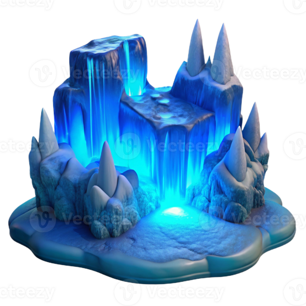 beautiful creative A frozen waterfall with intricate ice formations, illuminated by a cool, blue light. Photorealistic, winter landscape genuine png