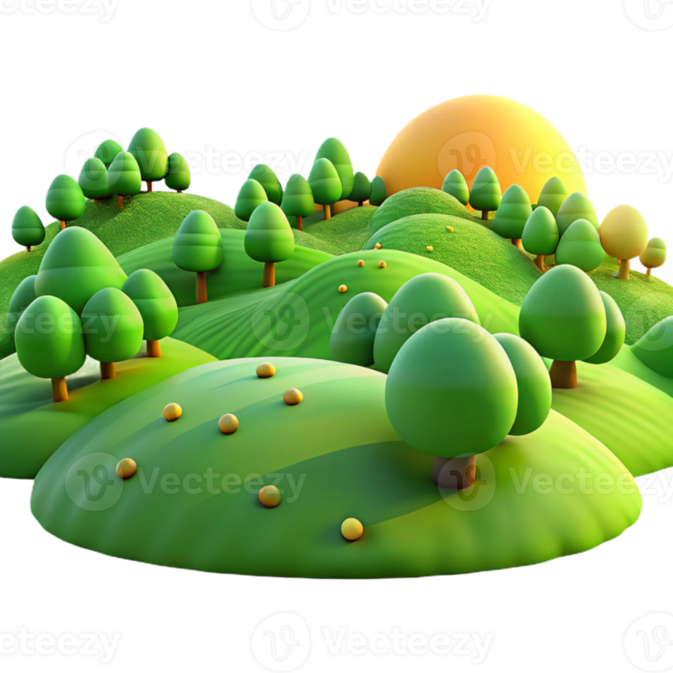 elegant modern A panoramic view of a rolling hills landscape with vibrant green grass and scattered trees, illuminated by golden sunlight. Photorealistic, landscape photography 4K png