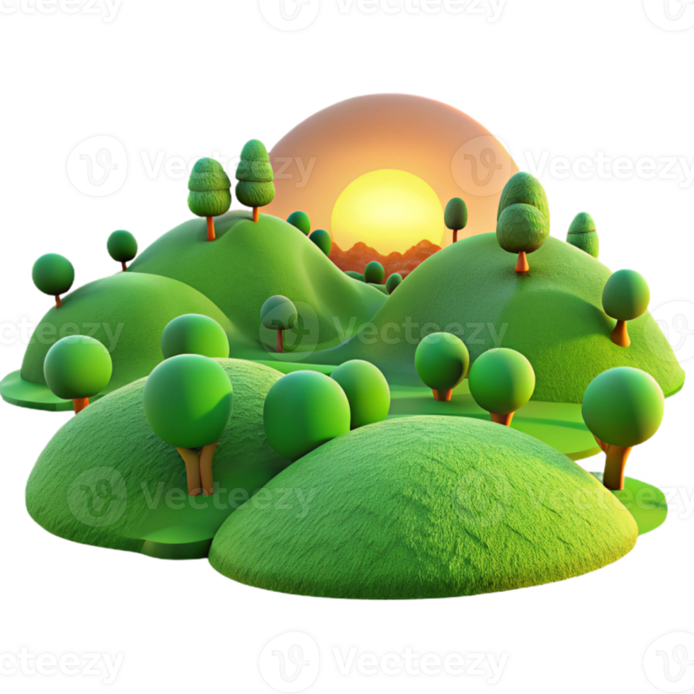 elegant artistic A panoramic view of a rolling hills landscape with vibrant green grass and scattered trees, illuminated by golden sunlight. Photorealistic, landscape photography detailed png