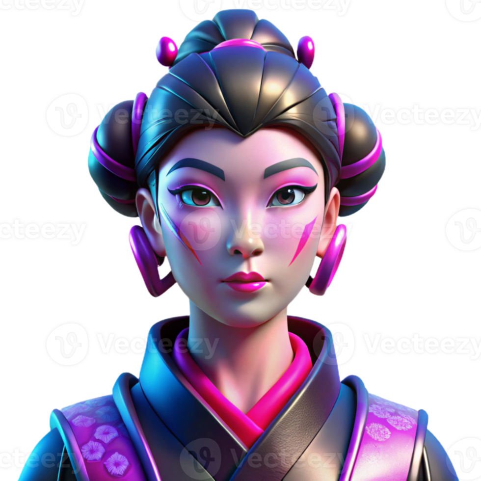 serene artistic Portrait of a cyberpunk geisha with vibrant pink and blue neon reflections on her face, intricate robotic accessories, and a melancholic expression, sharp focus, cinematic lighting... png