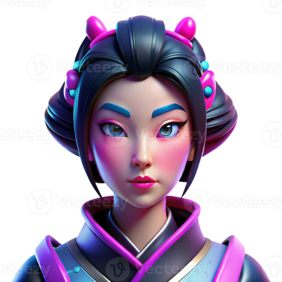 impressive classic Portrait of a cyberpunk geisha with vibrant pink and blue neon reflections on her face, intricate robotic accessories, and a melancholic expression, sharp focus, cinematic... png