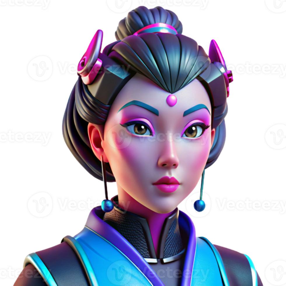 wonderful traditional Portrait of a cyberpunk geisha with vibrant pink and blue neon reflections on her face, intricate robotic accessories, and a melancholic expression, sharp focus, cinematic... png